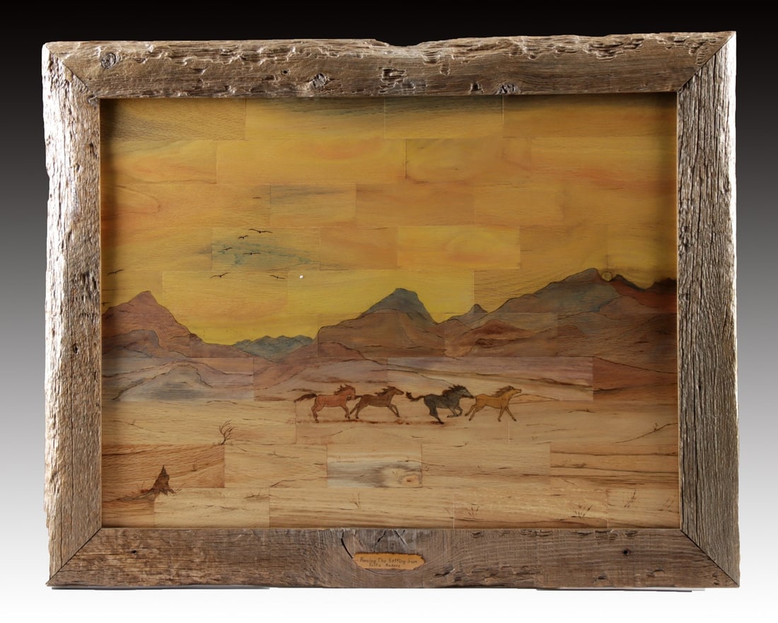 Fritz Anders Wood Mosaic - "Racing the Setting Sun": Fritz Anders (American, XX-XXI). "Racing the Setting Sun" pyrographic (wood burned) mosaic, n.d. Plaque on frame engraved with artist's signature and title of the piece. A large-scale pyrographic wood