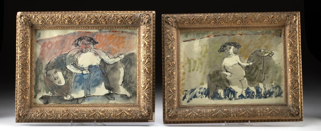 2 Yang Yang Mixed Media Paintings - Figures & Animals: Yang Yang (Chinese, b. 1953). Two mixed media drawings: ink, paint, and watercolor on paper, n.d. Both signed at lower left. This expressive pair of mixed media works by Yang Yang captures his hallmar