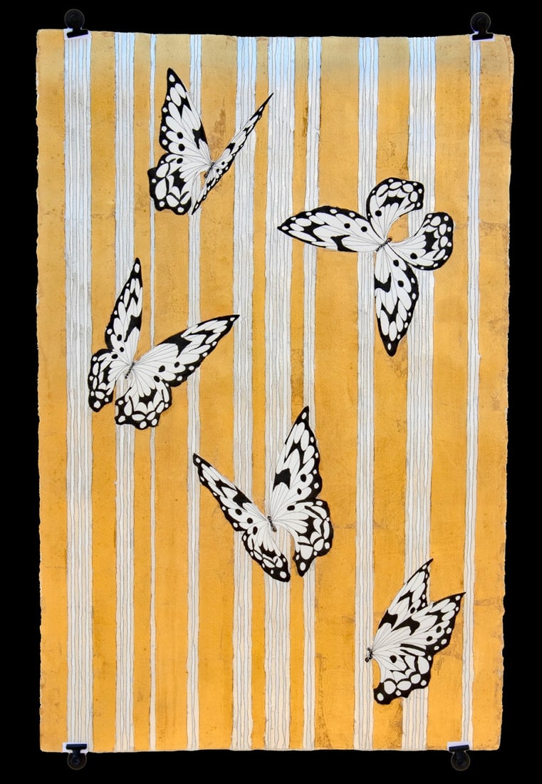 Alena Vavilina - "Butterflies Series #36" w/ Gold Leaf: Alena Vavilina (b. Russia, b. 1986). Butterflies Series: #36. Mixed media: gold leaf, silver leaf, and ink on paper, 2023. Signed "AV" at lower right. A stunning composition by award winning contempor