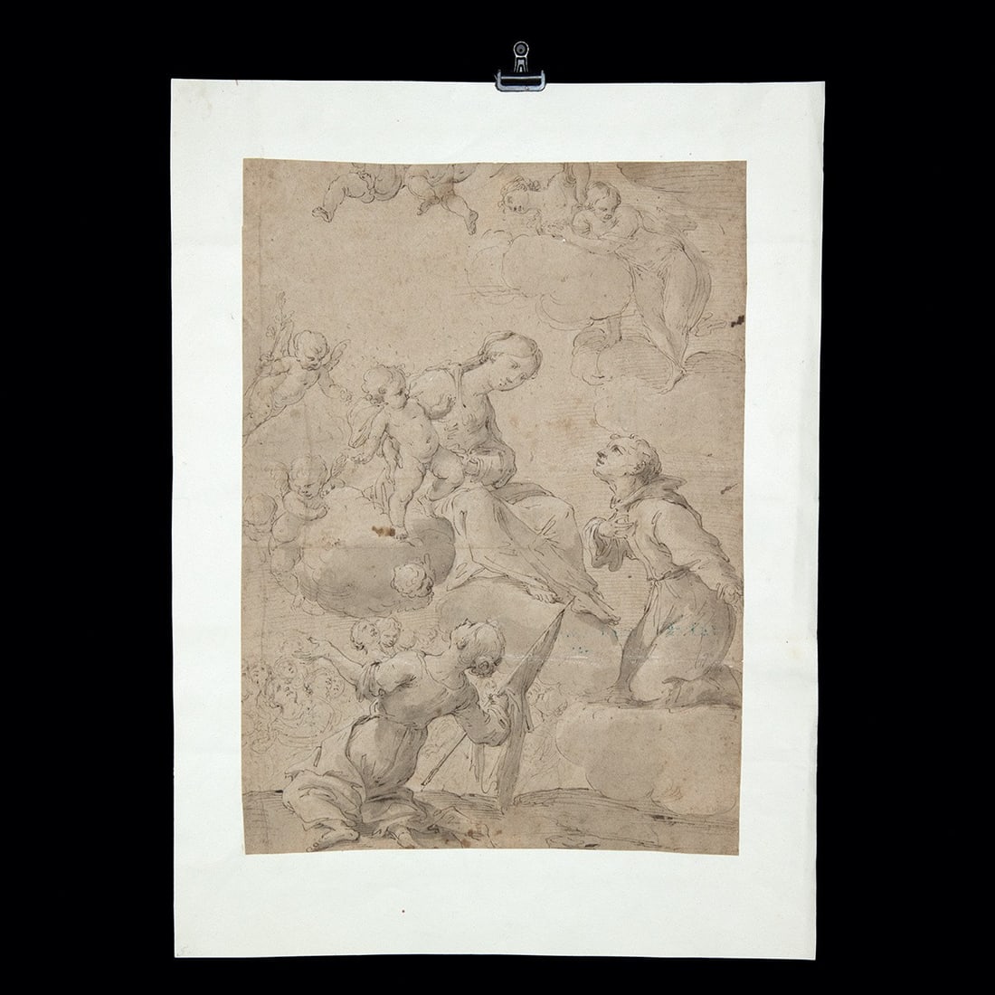 17th C. Genoese Drawing, Madonna - ex Christie's: Genoese School (1680s). "Madonna and Child with Franciscan Friar" pen and ink with brown and gray wash on laid paper, n.d. Unsigned.. A vision opens in the upper air: the Virgin enthroned upon banked 