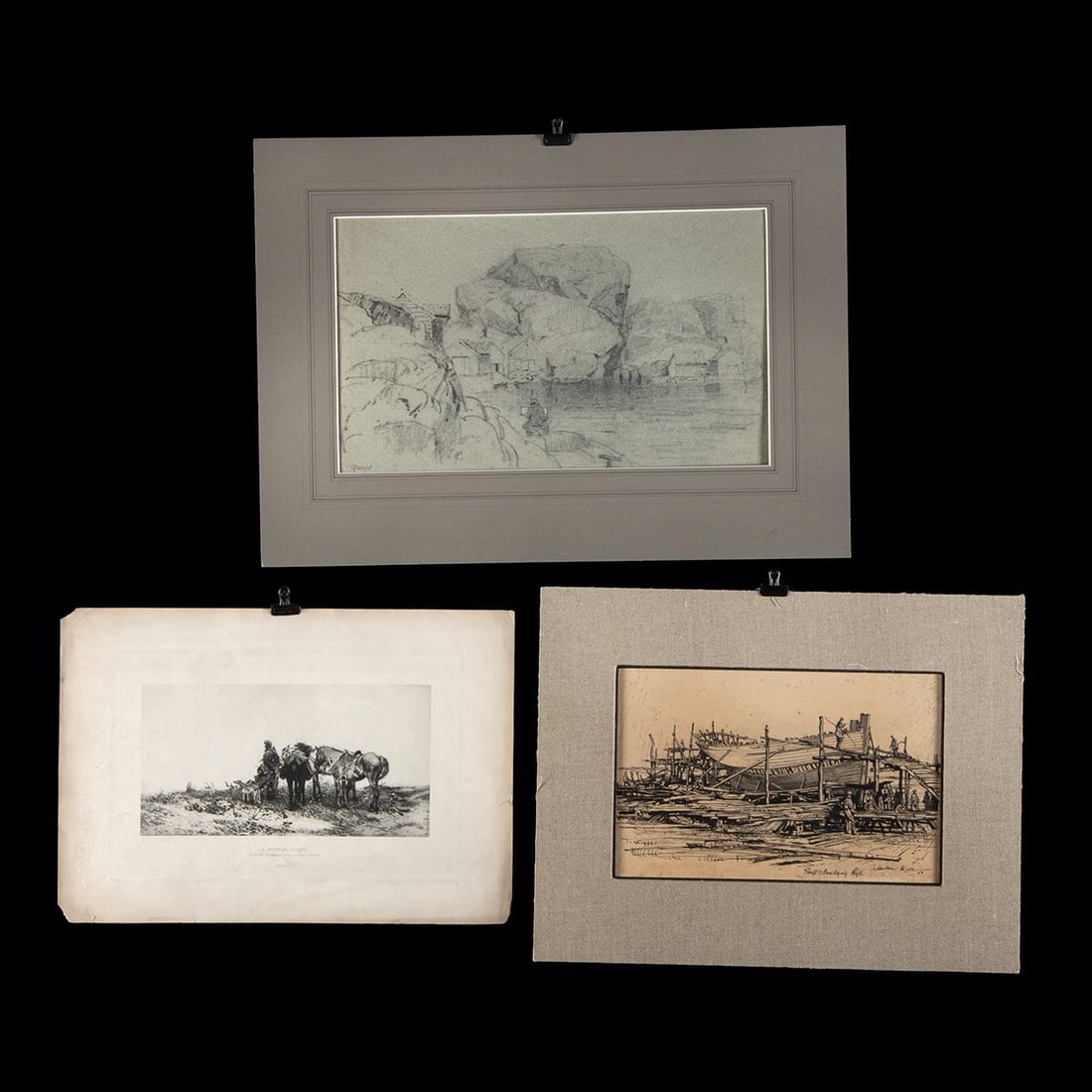 Three Landscape Works on Paper, 19th-20th C.: (1) Anonymous (active XX century). "Glesver" charcoal and white chalk on paper, n.d; (2) After Jozef Brandt (Polish, 1841-1915). "A Hunting Party" photogravure on paper, n.d. Published by Gebbie & Co;