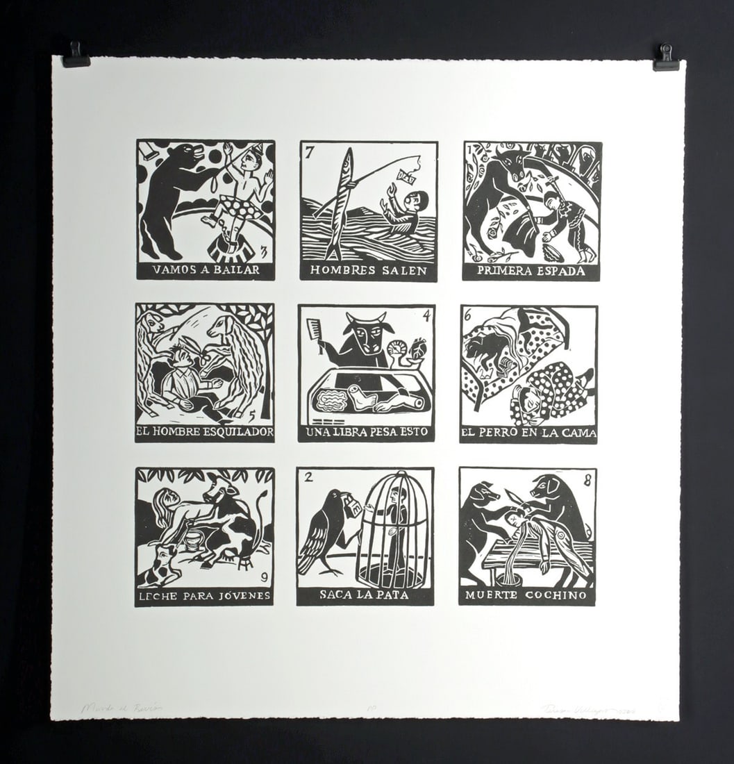 Teresa Villegas Printer's Proof "Mundo al Reves" 2010: Teresa Villegas (American, b. 1967). "El Mundo al Reves" ("The World Upside Down") nine linocuts on paper, 2010. Printer's proof. Hand-signed, dated, titled, and inscribed "P.P." beneath image with pu
