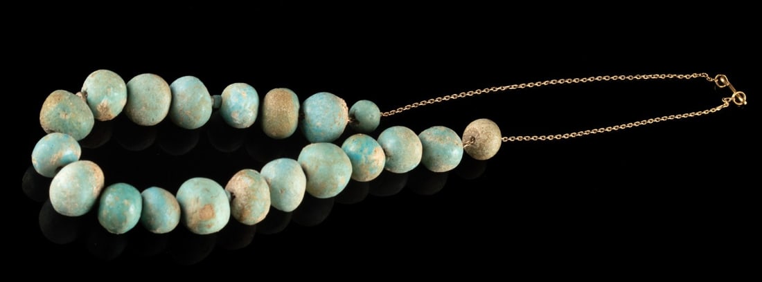 Ancient Cypriot Faience Bead Necklace on 17K Gold Chain (1 of 2)