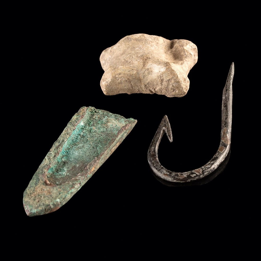 Greco-Roman Lead Knucklebone, Fishhook & Chape (1 of 2)