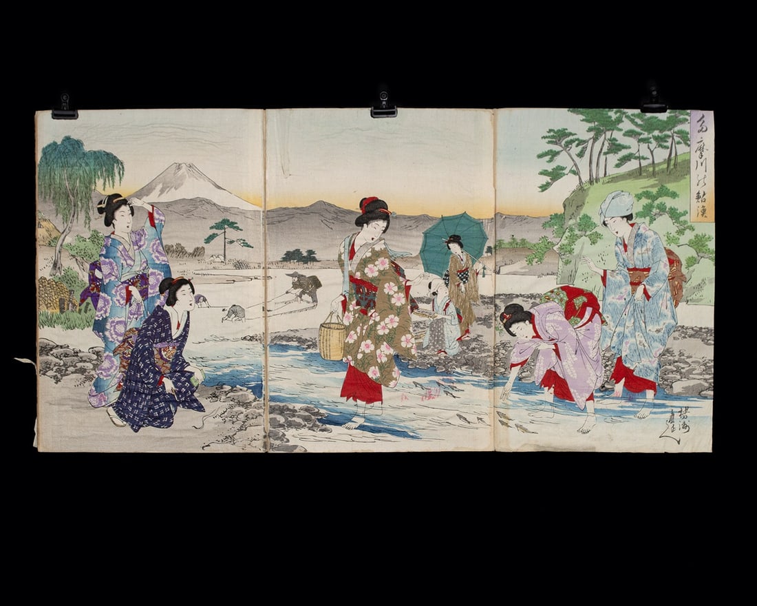Yoshu Chikanobu Okiyo-e "Catching Sweetfish" 1895 (1 of 3)