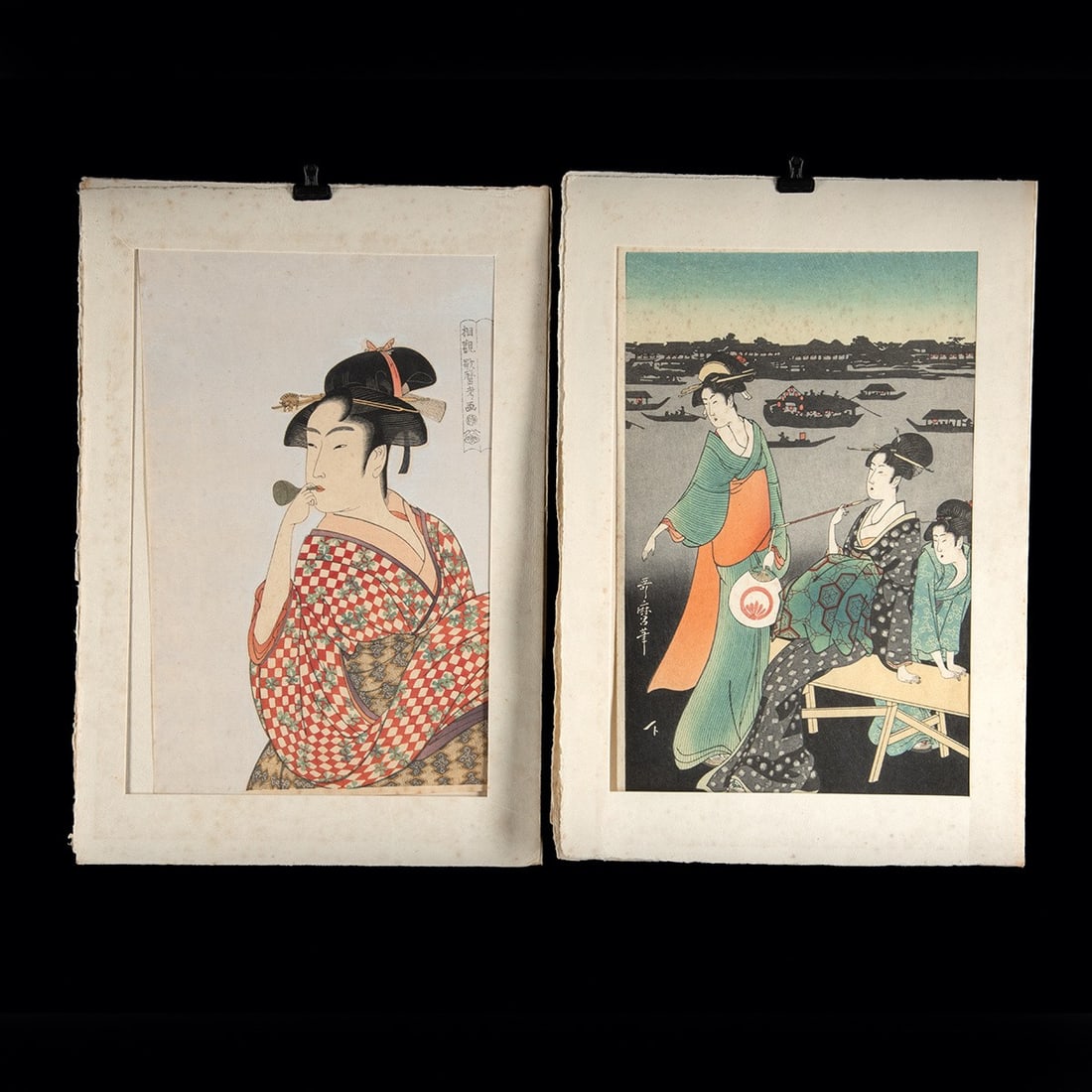 After Utamaro Takamizawa Woodblocks, Pair: After Kitagawa Utamaro (Japanese, ca. 1753-1806), published by Takamizawa Mokuhansha, Tokyo. Two woodblock editions, ink and color on paper: (1) "Poppin wo Fuku Onna" (Young Woman Blowing a Poppin), f