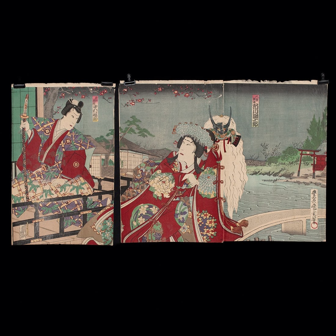 19th C. Toyohara Kunichika Kabuki Triptych: Toyohara Kunichika (Japanese, 1835-1900). "Princess Yaegaki and Takeda Katsuyori," from a scene in "Honcho Nijushi-ko" (Twenty-Four Paragons of Filial Piety in Our Country), woodblock print triptych, 