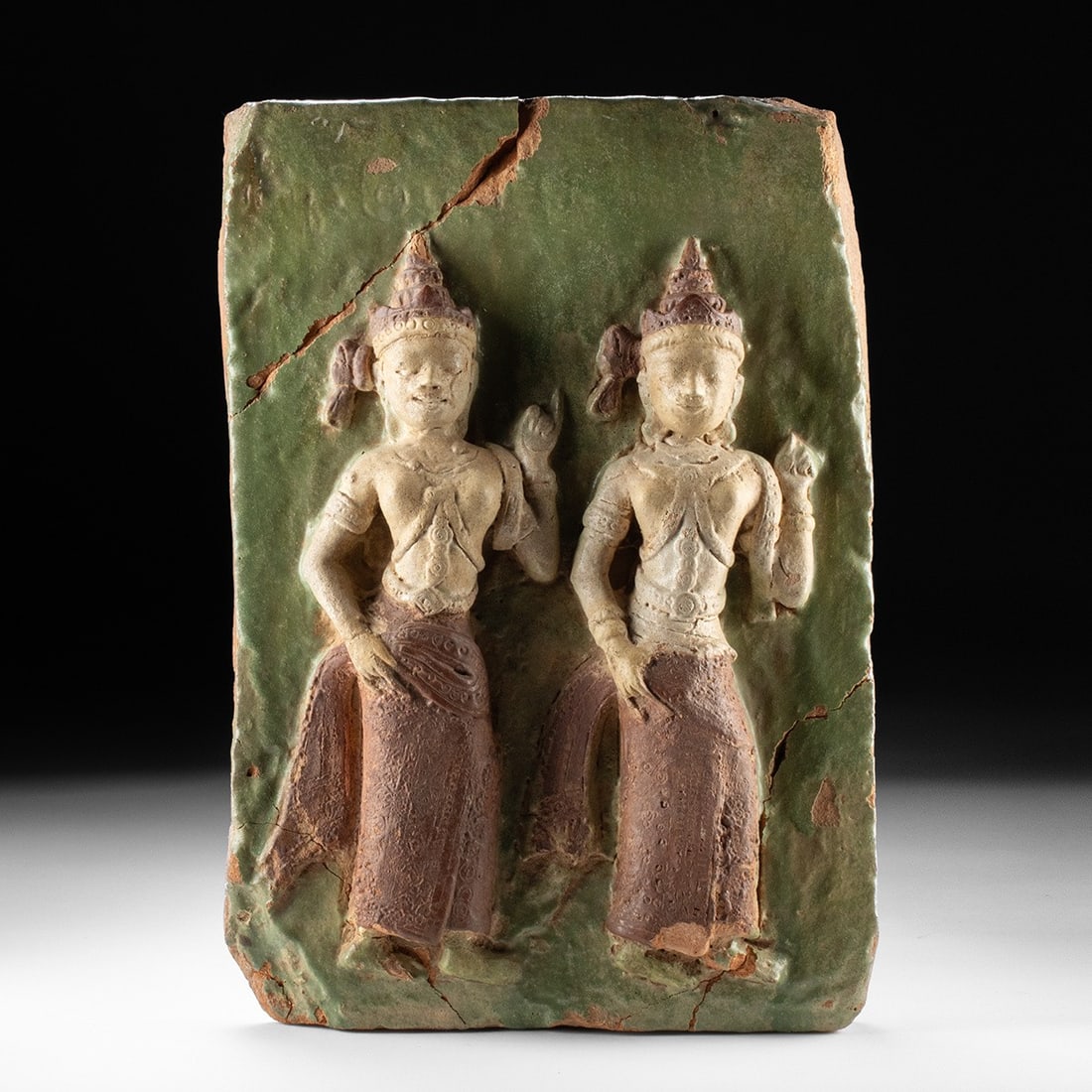 19th C. Burmese Pottery Tile w/ Daughters of Mara: Southeast Asia, Burma (Myanmar), Pegu (Bago), ca. 19th century CE.. A large molded pottery relief tile depicting two standing female figures, identified as the daughters of Mara, the demon king of ill