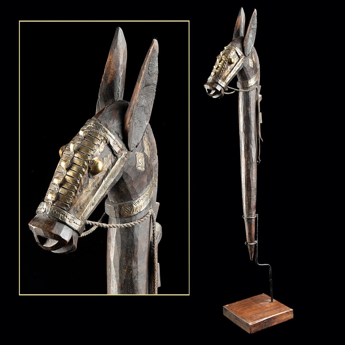 Bamana Wood Horse Head Marionette - Brass Applique, Kore Society Puppet: West Africa, Mali, Bamana (Bambara), ca. early to mid-20th century CE. A carved hardwood rod puppet horse head with hammered brass applique panels on the cheeks and brow, incised with lozenge and cros
