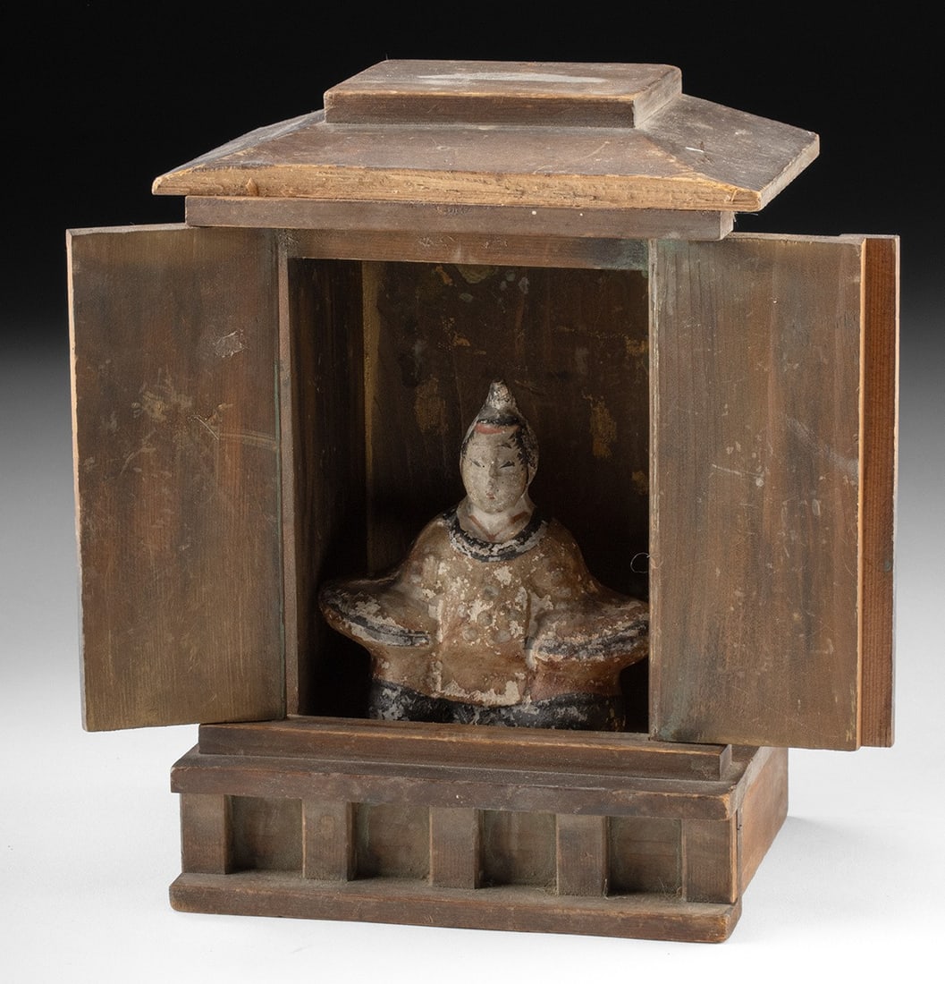 Japanese Wood Zushi Shrine w/ Pottery Shogun Figure: East Asia, Japan, Meiji era, ca. 19th to early 20th century CE. A wooden zushi shrine housing a seated pottery figure, likely representing a shogun or daimyo. The shrine is constructed of softwood wit