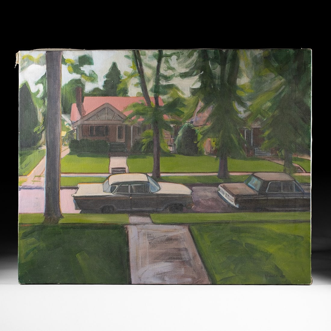 Fern Horwitz Painting "House on Adams St." (1973): Fern Horwitz (American, 1943-2023). "House on Adams St." acrylic on canvas, 1973. Signed and dated at lower right. Titled with label from artist on verso. A summer afternoon on a Denver street, seen f