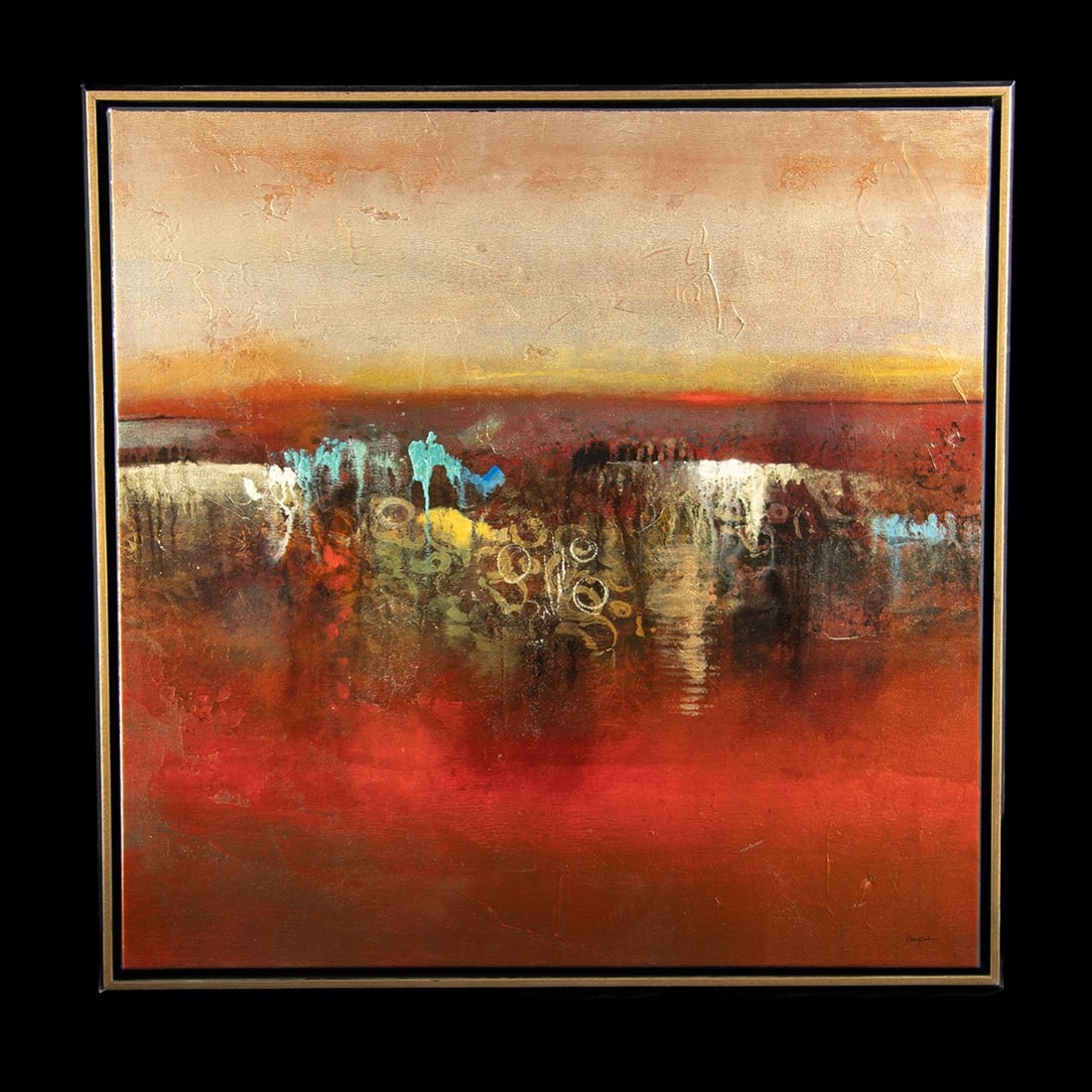 20th C. American Mixed Media Abstract Painting - John Douglas, Earth Tones: John Douglas (American, active XX century). Abstract. Mixed media on canvas, n.d. Signed at lower right. A horizon of fire and earth divides this large mixed-media abstraction into two registers. Abov
