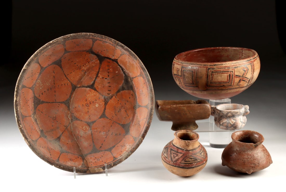 6 Nicoya, Narino, Colima, Maya & Tiahuanaco Vessels: Pre-Columbian, Central America, Costa Rica, Nicoya, ca. 500 BCE to 800 CE; Northern Andes, Narino-Carchi, ca. 500 BCE to 1500 CE; West Mexico, Colima, ca. 200 BCE to 200 CE; Mesoamerica, Maya, ca. 250