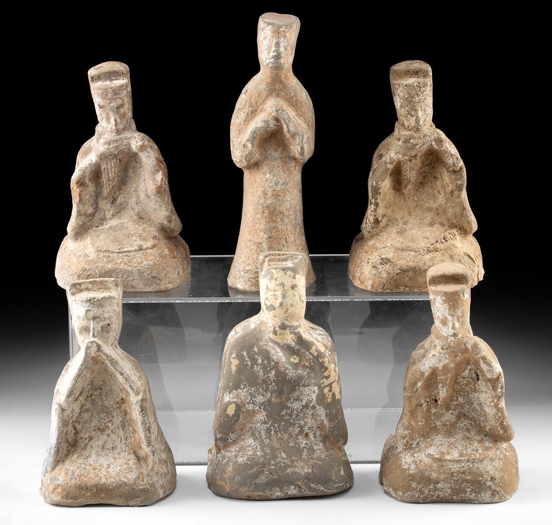 Han Dynasty Ceramic Musicians and Dancer Group (6): East Asia, China, Han Dynasty, ca. 206 BCE to 220 CE. A remarkable ensemble of six Han Dynasty ceramic tomb attendants, beautifully representing the harmony of music and movement in the ancient afterl