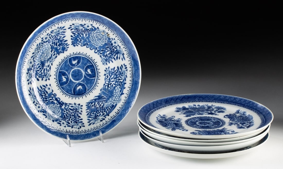 Qing Dynasty Porcelain Plates (Set of Six): China, Qing Dynasty, ca. 19th Century. A harmonious set of six porcelain plates, each elegantly painted in cobalt-blue with the classic Fitzhugh pattern. The design features balanced medallions and fl