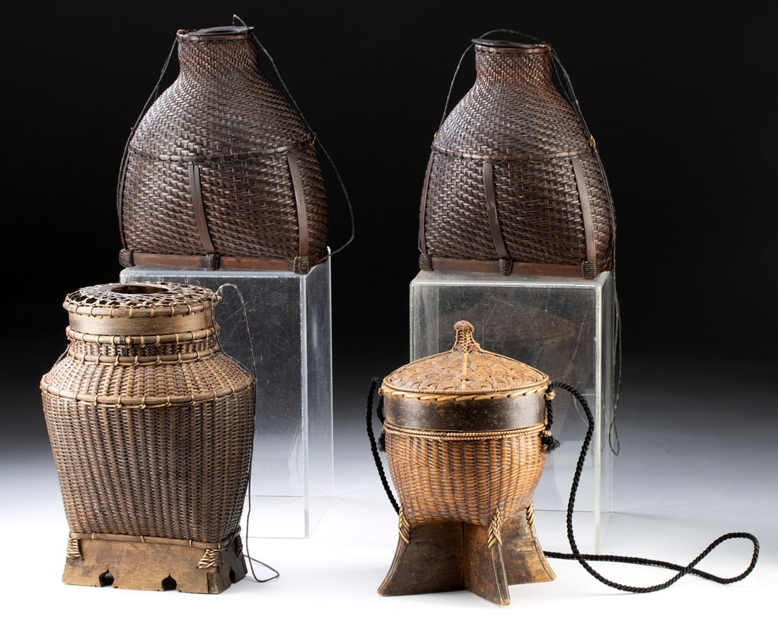 Southeast Asian Woven Bamboo & Cane Basket Collection: Southeast Asia, Indonesia and Thailand/Laos, ca. early to mid-20th century CE. A collection of four woven baskets displaying skilled handwork and varied regional forms. Two examples are closely relate