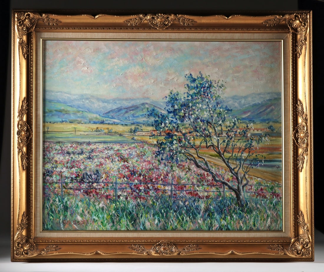 Kristi Beaudette Painting "The Workers" (1989): Kristi Beaudette (American, 1946-2000). "The Workers" oil on canvas, 1989. Signed and dated at lower left and on verso. Titled on verso. "The Workers" is a luminous impressionistic landscape by Americ