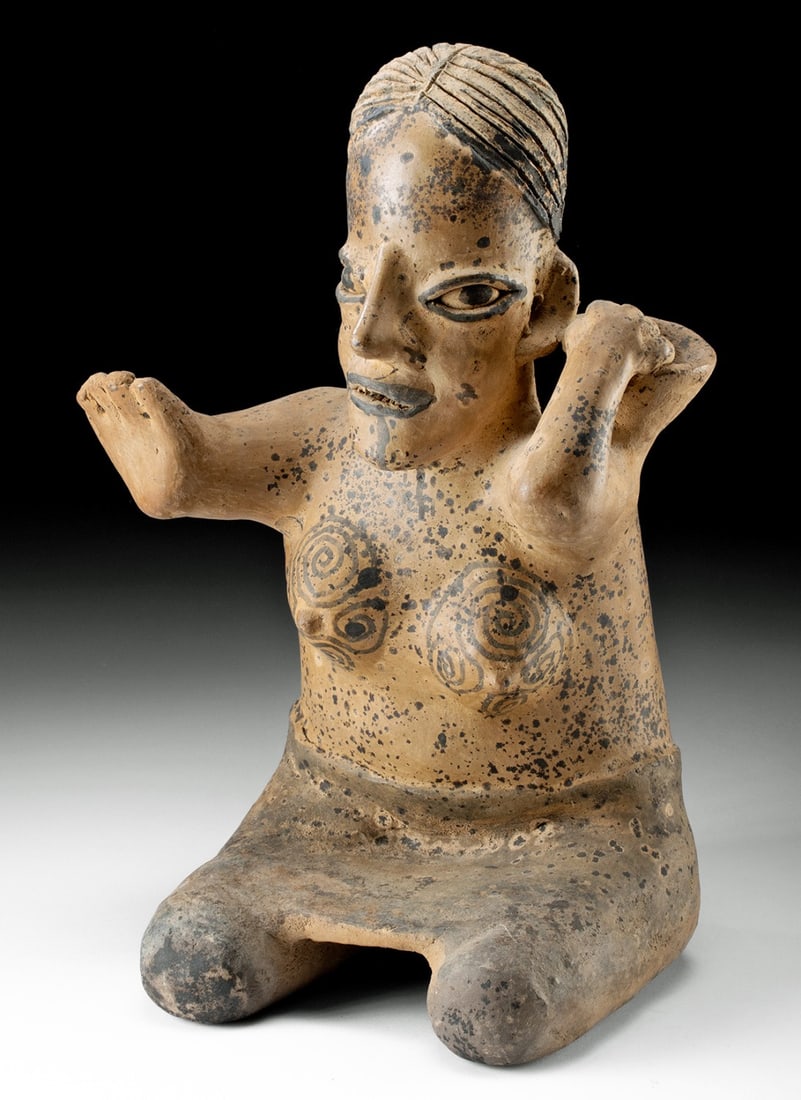Jalisco Ameca Style Kneeling Female Figure, Protoclassic: Pre-Columbian, West Mexico, Jalisco, Ameca style, Protoclassic period, ca. 100 BCE to 250 CE. A mesmerizing pottery figure of a bare-chested female, shown kneeling with one arm out-stretched as though