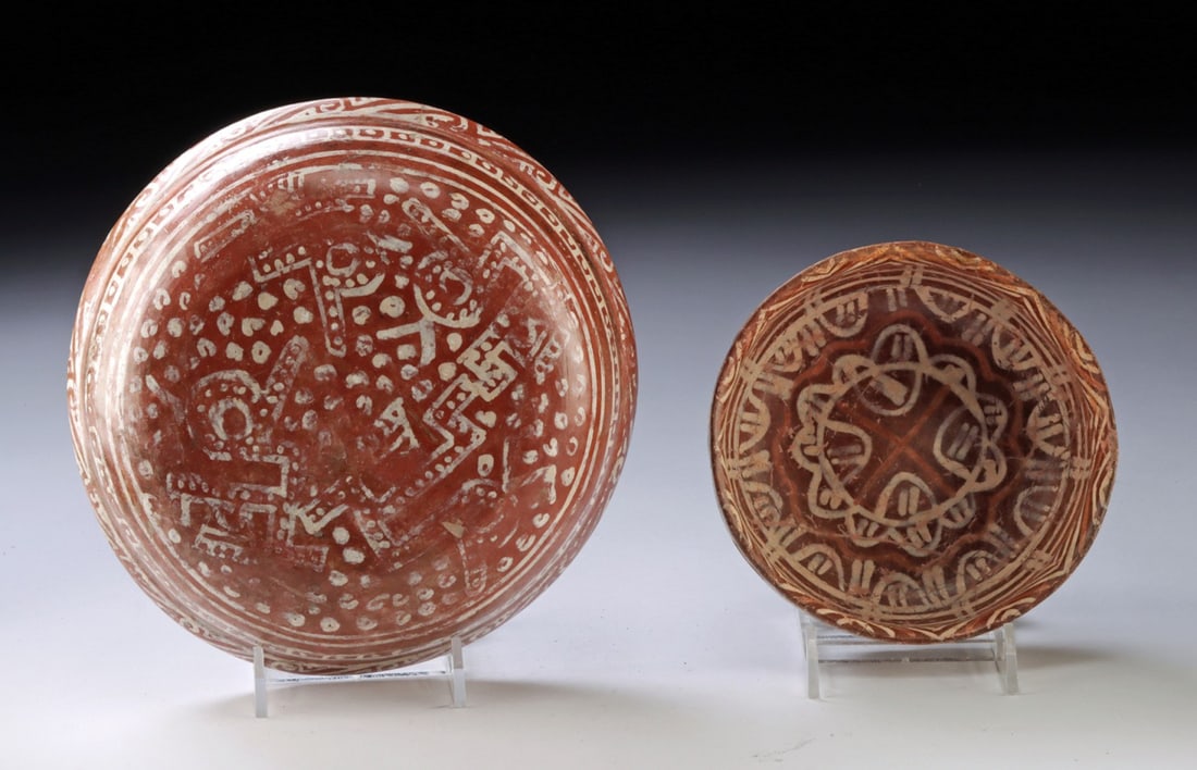 Tarascan / Michoacan Polychrome Bowls | Serpent Decoration: Pre-Columbian, Mexico, Michoacan and Tarascan (Purépecha), ca, 800 to 1520 CE. Two pottery bowls decorated in polychrome pigments. The larger is a Tarascan ware example with white-over-red decora