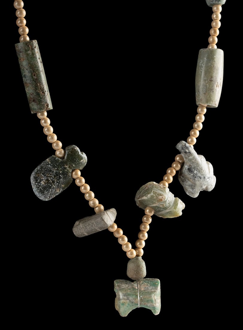 Olmec to Maya Jade Bead Necklace, Mesoamerican: Pre-Columbian, Southern Mexico to Guatemala, Olmec to Maya culture, ca. 500 BCE to 900 CE. A necklace composed of ancient jade and greenstone beads from Pre-Columbian Mesoamerica, restrung with modern