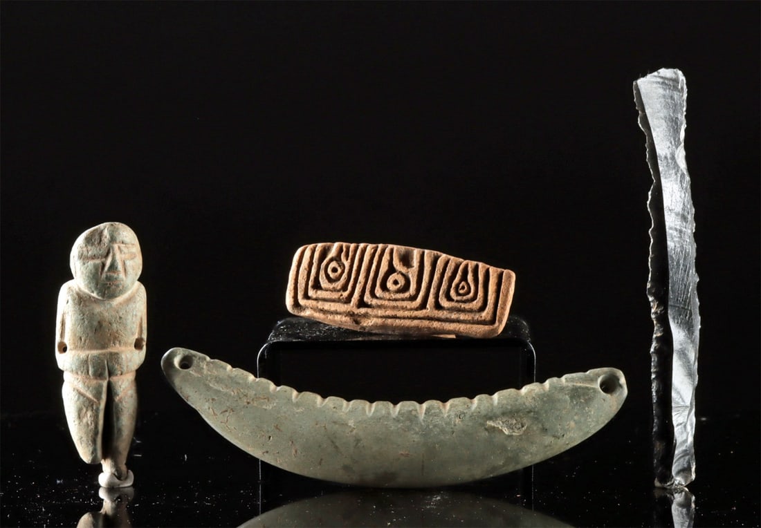 Ancient Mexican Artifacts, Olmecoid Figure & Obsidian Knife: Pre-Columbian, Mexico, Guerrero, Michoacan, Colima and Aztec, ca. 500 BCE to 1500 CE. A group of four ancient Mexican artifacts. The first is an early Guerrero stone figure with Olmecoid features, dri