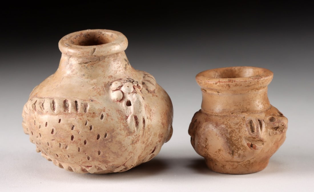 Two Maya Pottery Poison Bottles w/ Animals: Pre-Columbian, Southern Mexico to Guatemala, Maya, Late Classic Period, ca. 550 to 900 CE. A set of 2 hand-built pottery poison bottles, each of spherical form, with the first jar depicting a turtle, 
