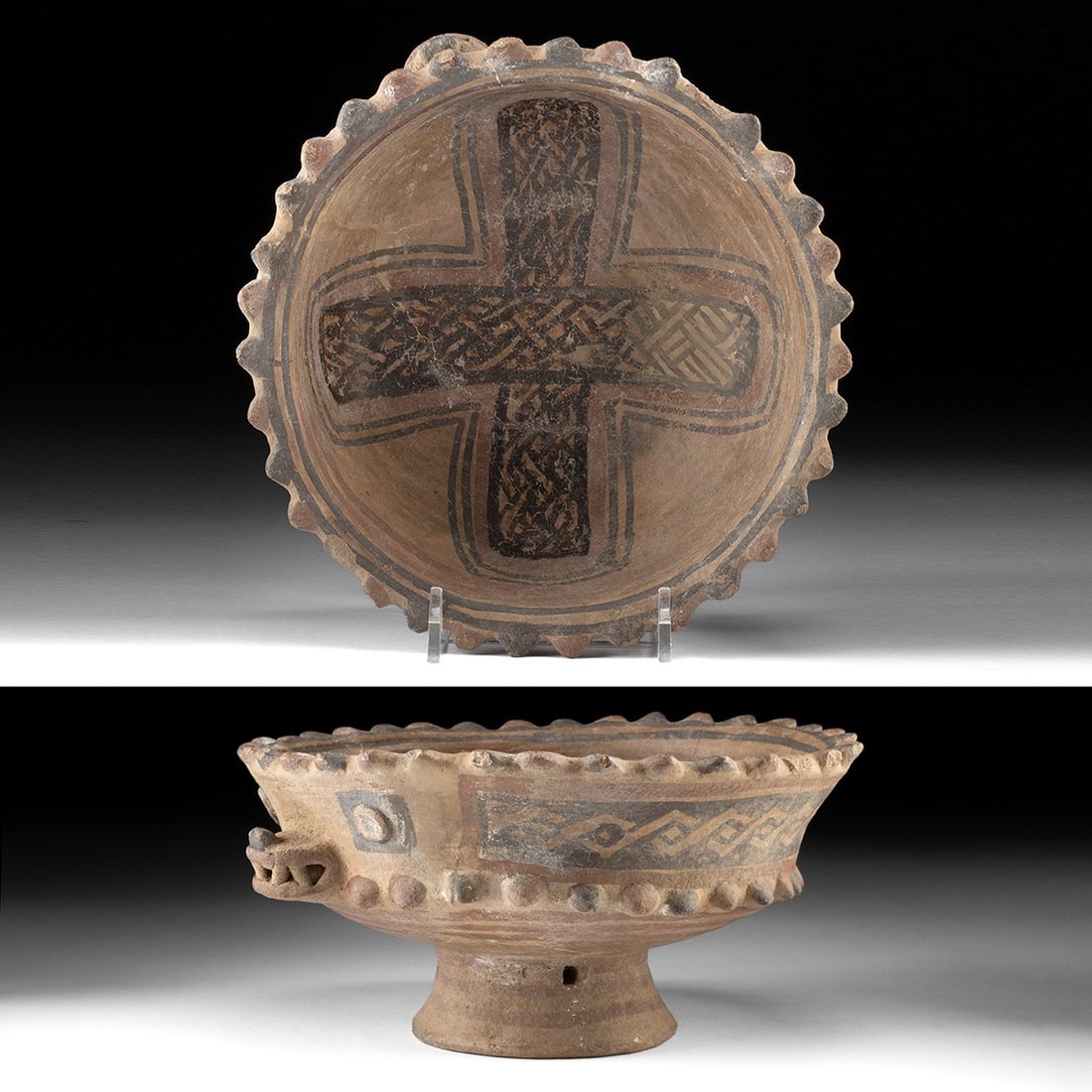 Papagayo Polychrome Pedestal Bowl - Canine Face: Pre-Columbian, Costa Rica, Greater Nicoya, Papagayo Polychrome, ca. Ca. 800 to 1200 CE. A wide, shallow bowl on a trumpet pedestal, its exterior marshaled into two registers of applied clay bosses fla