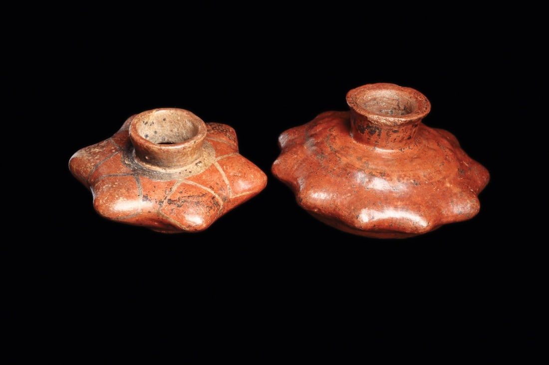 Nayarit San Sebastian Squash Pot & Starfish Pot: Nayarit, ca. 100 BCE – 250 CE. Two different red-orange pottery vessels, including a six pointed “starfish” form pot, having a slightly tapered collar rim. Black and white linear