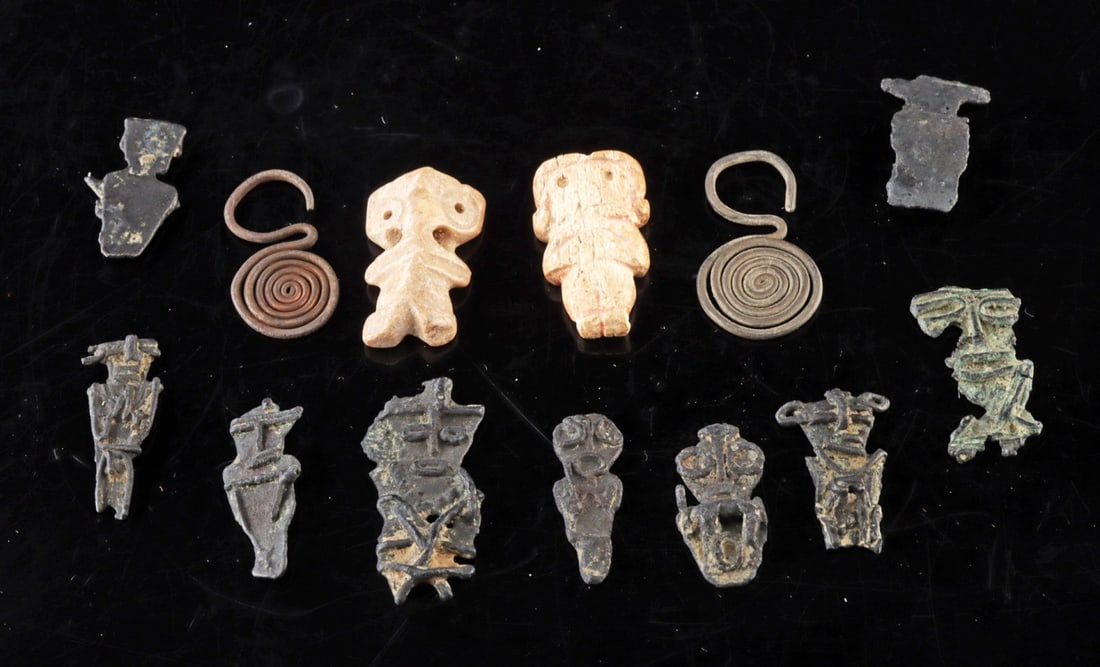 13 Muisca Tumbaga Tunjos, Chimu Earrings & Taino Amulet (1 of 1)