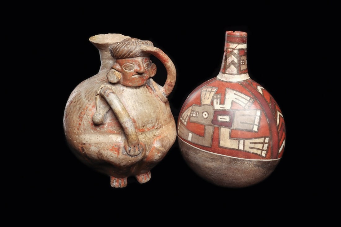 Recuay Figural Vessel & Ica Canteen Bottle (2): Recuay & Ica, recuay: Ca. 200 BCE – 500 CE, Ica: 700–1000 CE. Two different pottery examples including an Ica polychrome decorated canteen form bottle decorated on both sides with a semiab