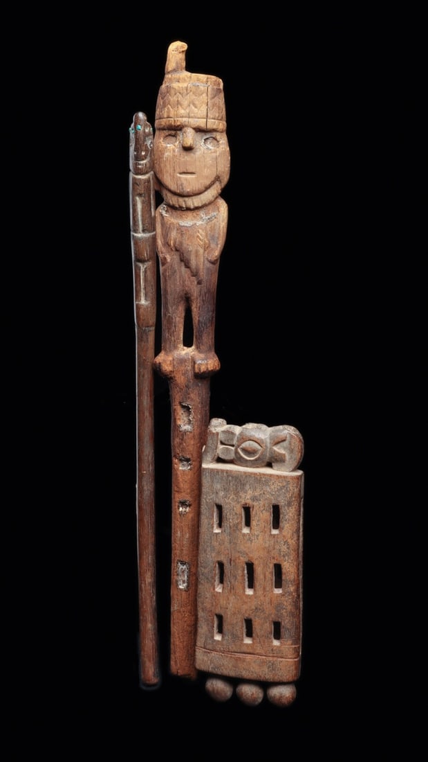 Chimu-Inca Wooden Scoop, Staff & Finial Fragment (3): Central coast, ca. 1000–1250 CE. Three different examples including a carved hardwood scoop having a long curved stem with a refined standing human figure finial, his eyes are inset with a shell