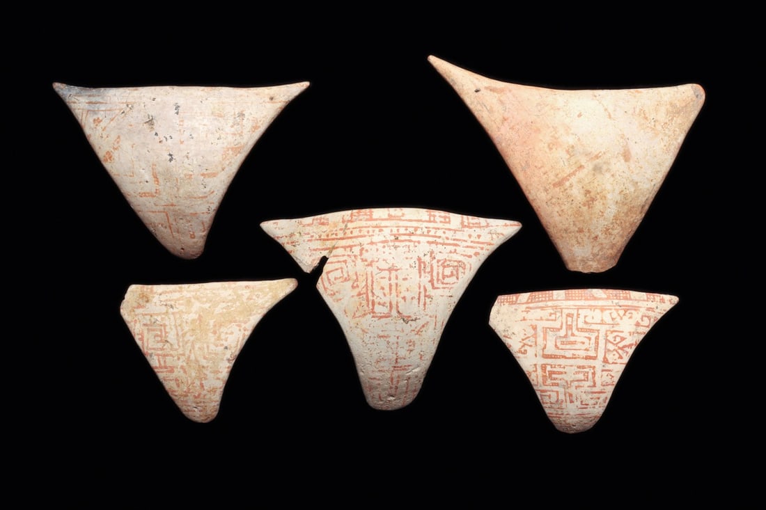 Marajo Decorated Tangas (5): Marajo Island, Para, Brazil, ca. 700–1200 CE. Five ceramic pubic covers of the female natives of the Island of Marajo at the mouth of the Amazon. These triangular avian form was suspended by fib