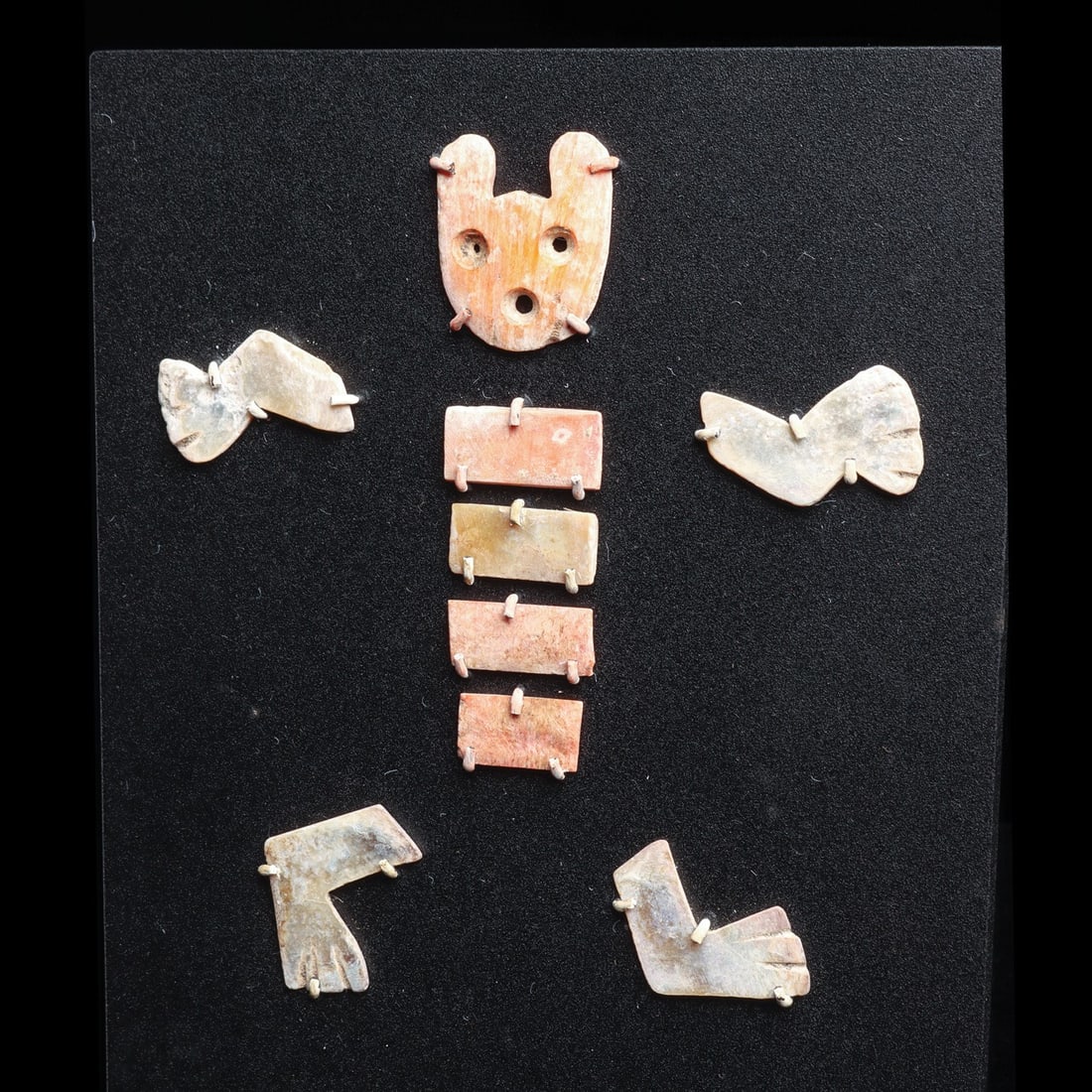 Moche Jaguar Mosaic: North coast, ca. 300–500 CE. Carved spondylus and mother of pearl shell plaques depicting a stylized jaguar. These plaques would have originally inset into a wooden figure or backing. Displayed 