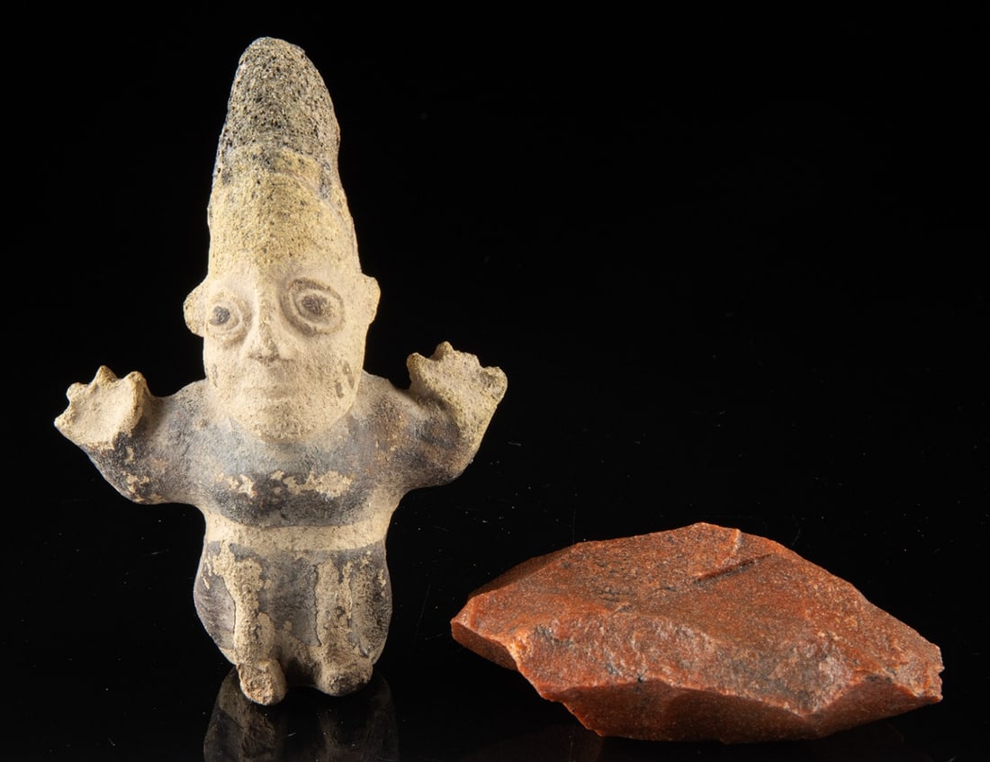Small Chancay Pottery Figure & Knapped Stone Tool: Pre-Columbian, Central Coast of Peru, Chancay, ca. 800 to 1200 CE. A small mold-formed pottery figure shown with arms raised in a gesture of reverence, wearing a diminutive sling pack across the shoul