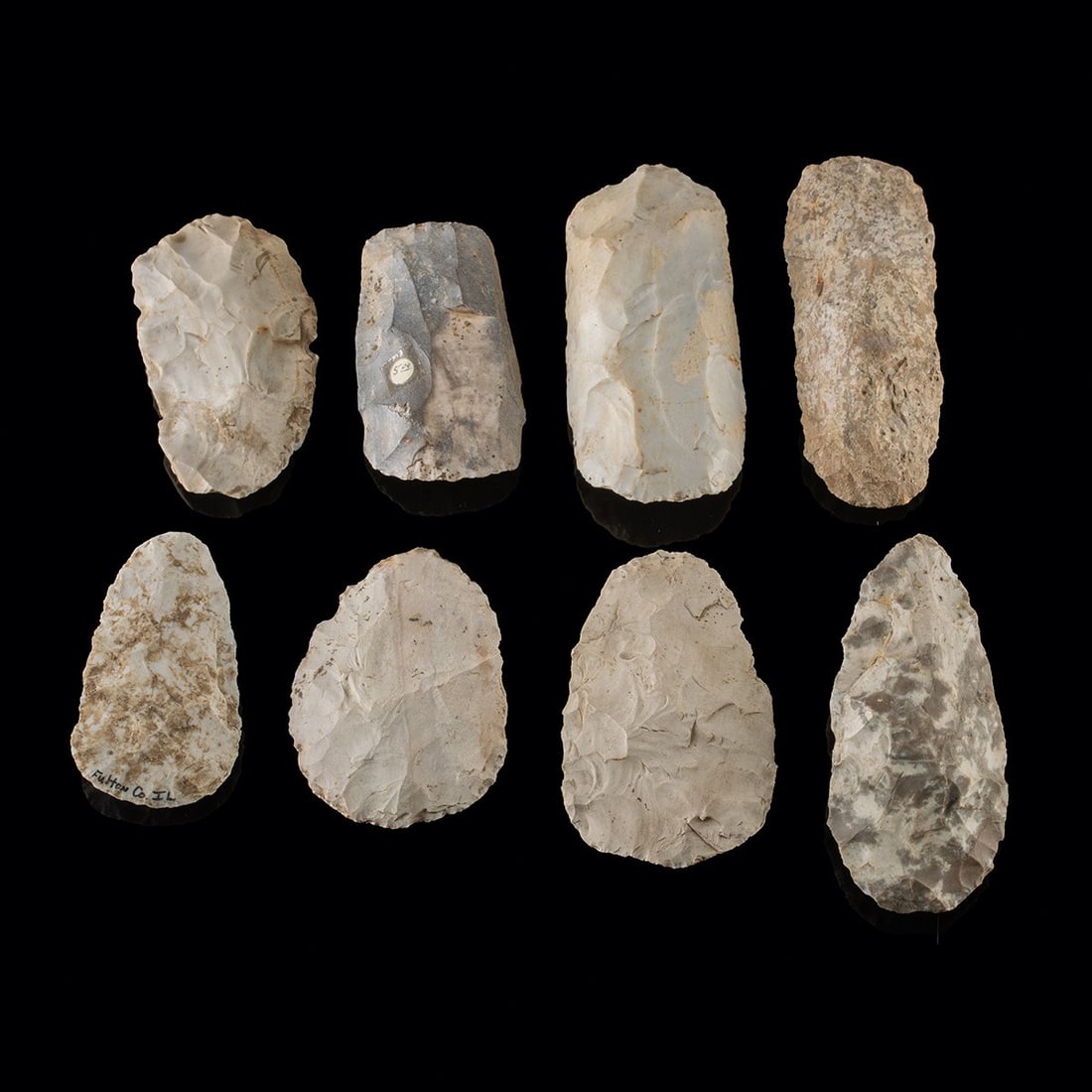 Eastern Woodland Stone Hand Blades, Set of 8, Illinois/Missouri: Native American, Midwestern to Eastern United States, Eastern Woodland Period, ca. 5000 BCE to 1000 CE. A gathering of 8 hand-knapped stone hand blades, each with sharpened edges made for cutting and 