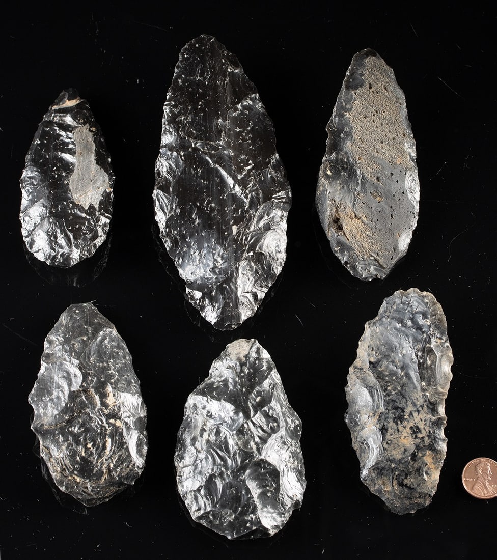 Six Obsidian Blades, Clear Lake, California, ca. 5000 BCE–1700s CE: Native American, Western United States, Northern California, ca. 5000 BCE to 1700s CE. A group of six obsidian stone blades, purportedly discovered near Clear Lake, California, a region associated wit