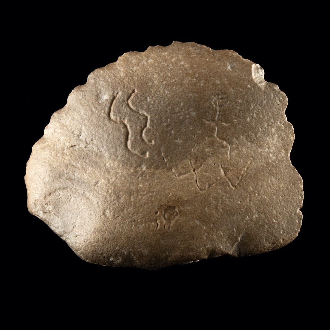 Prehistoric Mohave Stone Hand Tool - Incised Petroglyph Motifs: Native American, Mohave, ca. 1000 BCE – 1000 CE. A palm-sized cobble of tan sandstone worked into a hand tool, its rounded profile fitting the grip of a single hand. One broad face carries light