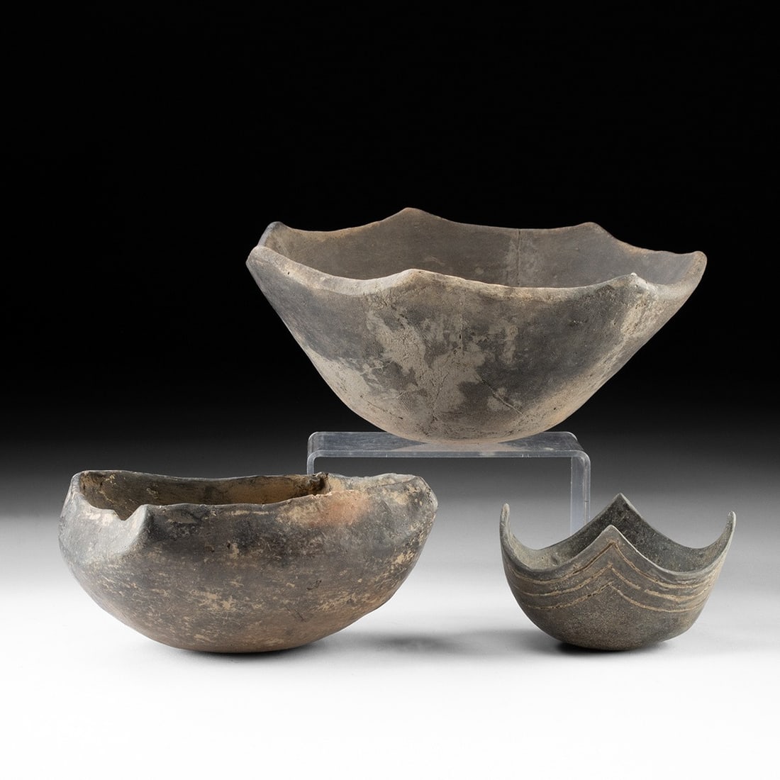 Mississippian Blackware Pottery Bowls - Group of Three, Incised Designs (1 of 3)