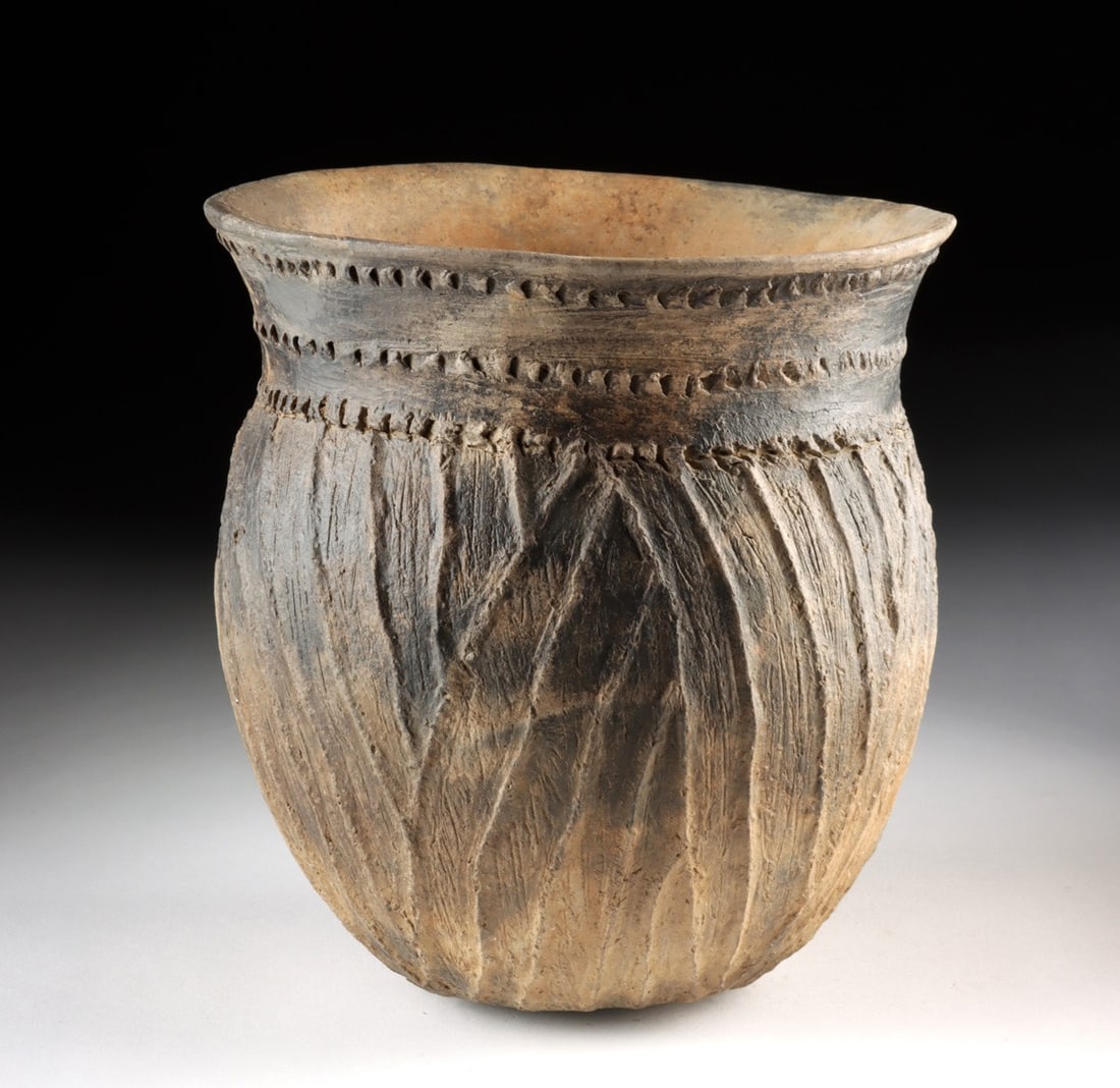 Caddo Pottery Jar - Incised Triangle and Brushed Body (1 of 4)