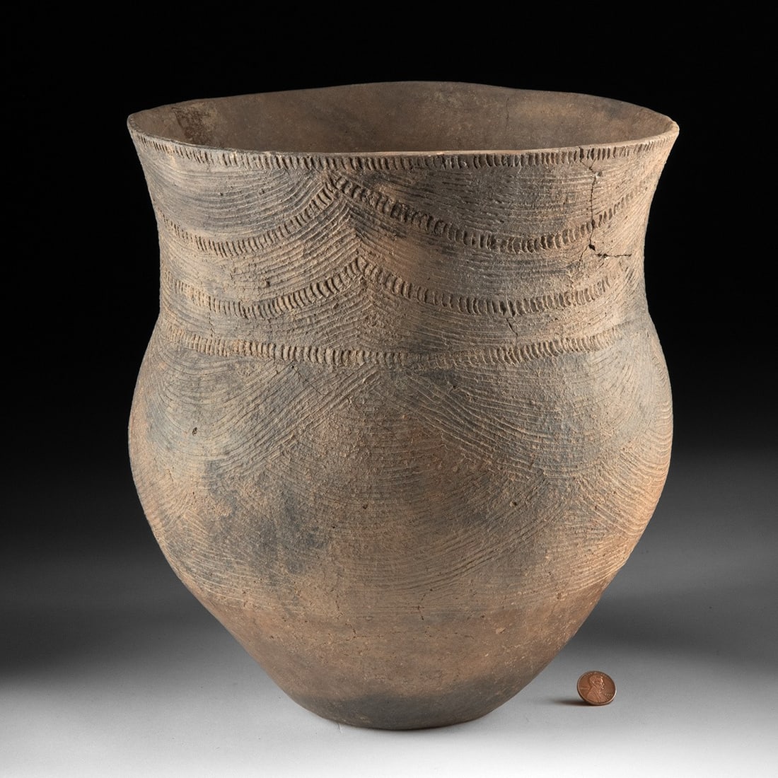 Large Caddo Incised Pottery Jar | "Military Road" Style, Chevron Bands: Native American, Caddo, ca. 1400–1700 CE. Native American, Caddo, circa [period to be confirmed — likely 13th–16th century A.D. for Caddo utility/incised wares, but I'd confirm rathe