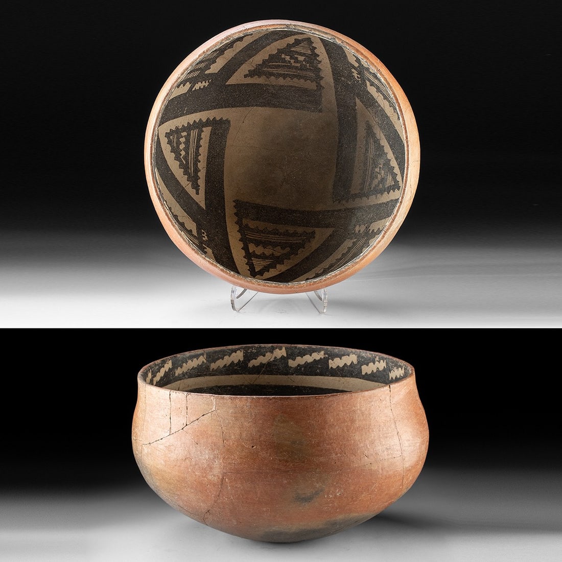 Large Salado Polychrome Bowl - Gila Polychrome, Roosevelt Red Ware: Native American, Ancestral Pueblo, Salado, ca. 1300–1450 CE. A generous hemispherical bowl of exceptional scale, its exterior finished in an unslipped-to-warm terracotta red and its interior giv