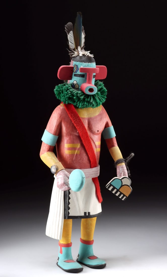 Large Hopi Kuwan Heheya Kachina by Walter Howato: Walter Howato (Native American, Hopi Pueblo, 1921-2003), ca. mid-20th century CE. A large cottonwood kachina sculpture depicting a Kuwan Heheya dancer, featuring a removable mask. The mask is crafted 