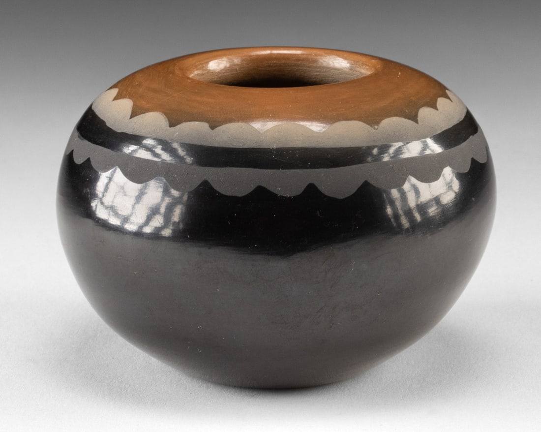 San Ildefonso Black-on-Black Miniature Olla, Signed "Mella" (1 of 4)