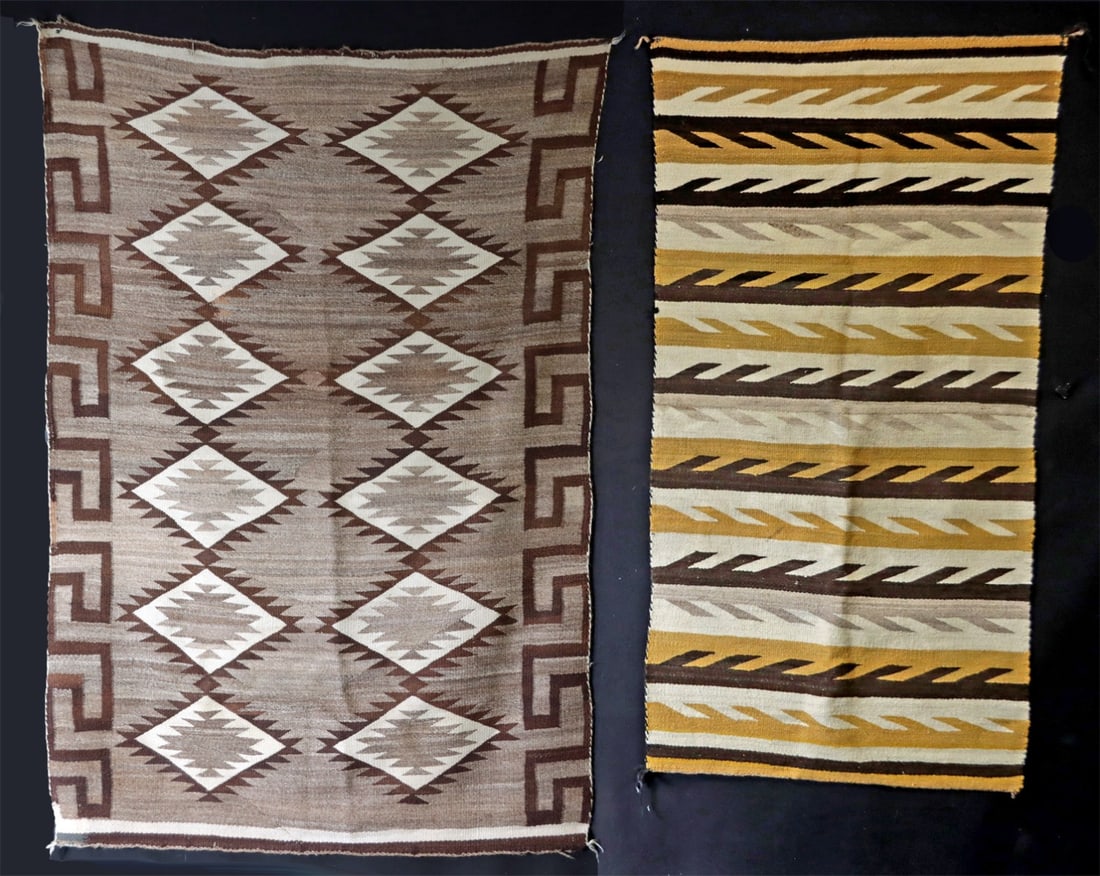Handwoven Navajo Two Grey Hills & Chinle Wool Rugs: Native American, Southwestern United States, Navajo (Dine), ca. mid to late 20th century CE. A pair of handwoven wool rugs featuring classic Two Grey Hills and Chinle designs in natural tones of gray,