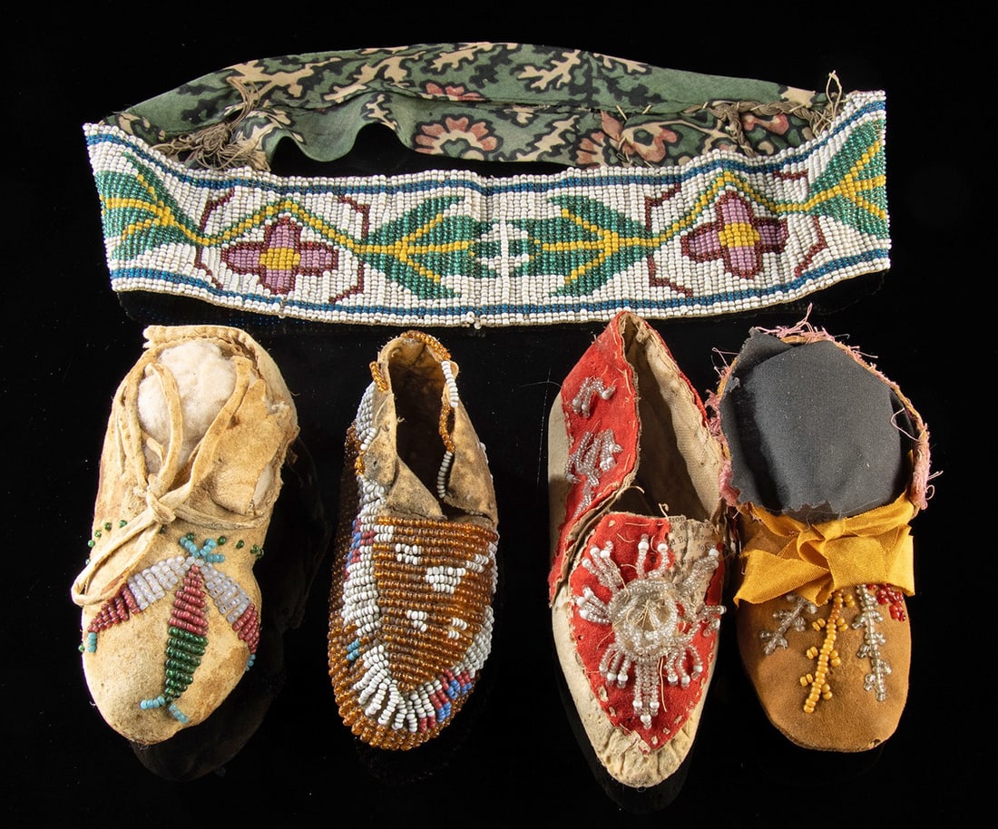 Group of 4 Beaded Child's Moccasins + Loom-Beaded Belt Sash: Native American, Western & Northern United States, likely Sioux, Apache, Iroquois, & Ojibwe, ca. late 19th to early 20th century CE. A collection of four single, toddler- and child-sized beaded hide m