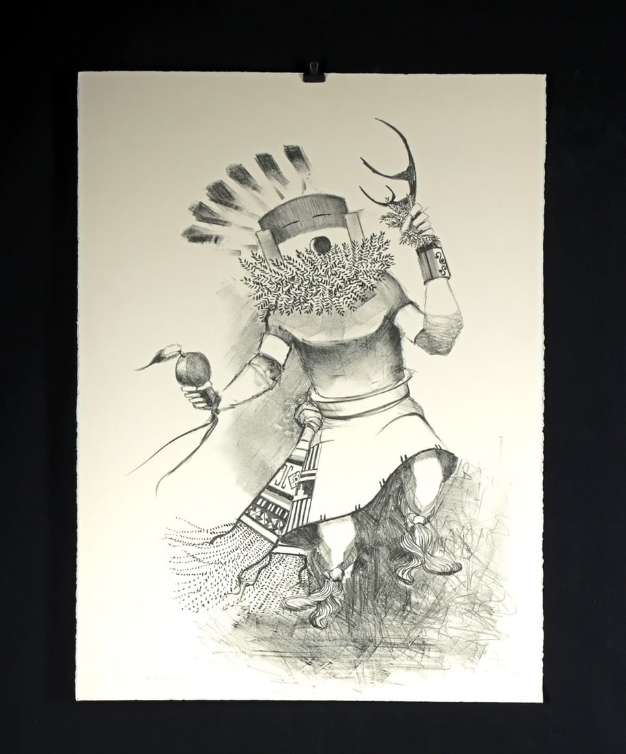 Patrick Swazo Hinds Lithograph "Kachina Dancer" (1972): Patrick Swazo Hinds (Tesuque Pueblo, 1924-1974). "Kachina Dancer" stone lithograph on paper, 1972. Edition 62 of 70. Hand-signed at lower left; numbered and dated at lower center. Printed as part of "