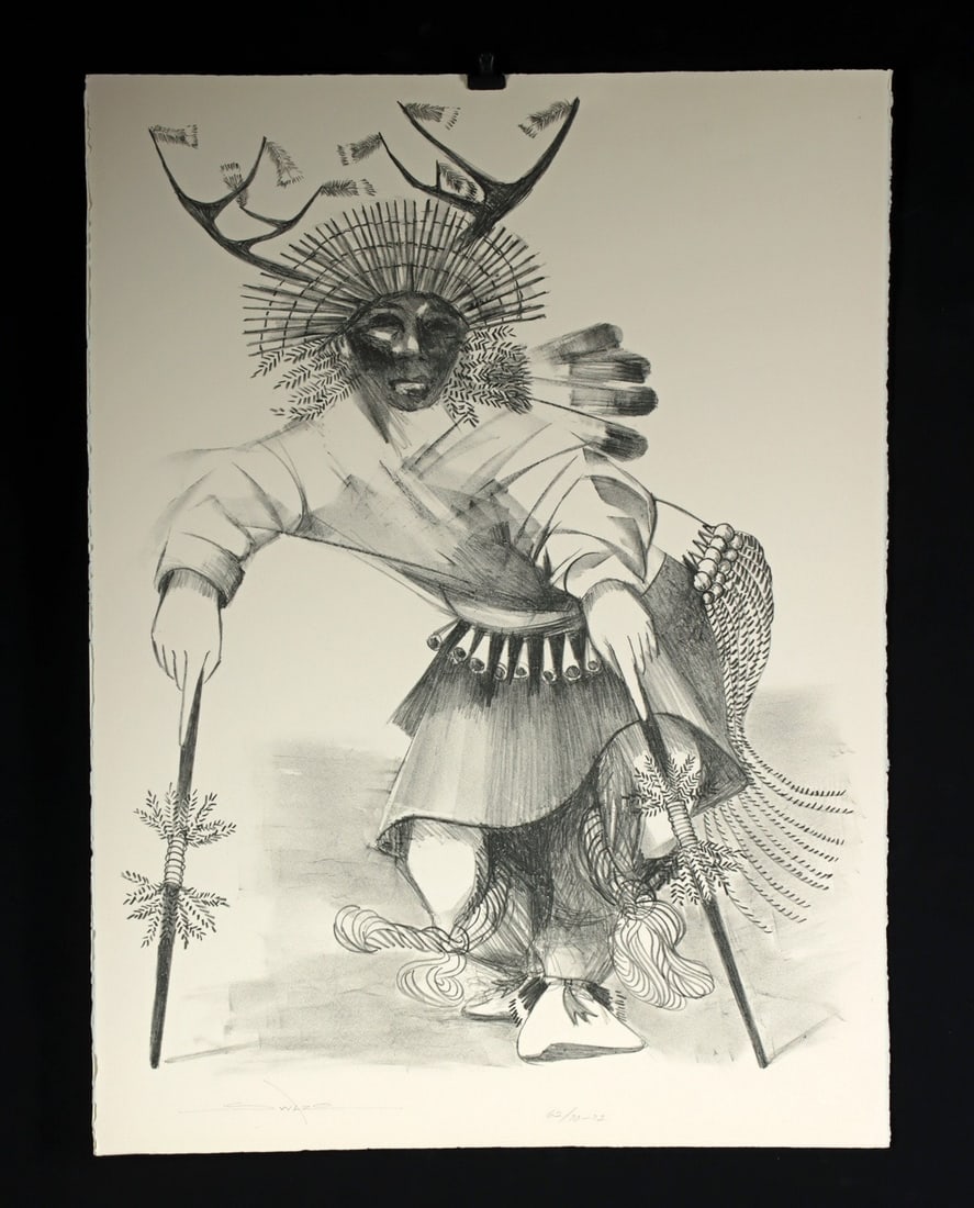 Patrick Swazo Hinds 'Chant to the Deer Spirit' Lithograph" (1972): Patrick Swazo Hinds (Tesuque Pueblo, 1924-1974). "Chant to the Deer Spirit" stone lithograph on paper, 1972. Edition 62 of 70. Hand-signed at lower left; numbered and dated at lower center. Printed as
