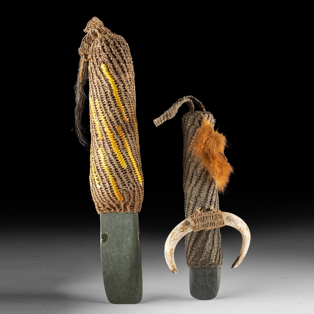 Papua New Guinea Fiber-Wrapped Stone Adze Blades - Boar Tusk & Fur (1 of 2)