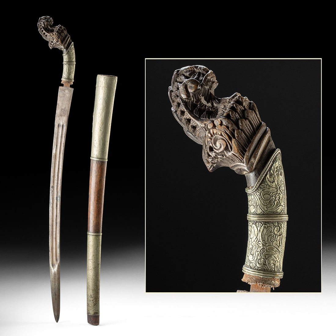 Fine Javanese / Balanese Kelewang with Wood and Metal Scabbard: Indonesian, ca. 1850–1890 CE. The straight single-edged blade with three fullers running the majority of its length, tapering to an acute point; the hilt of characteristic recurved form, the
