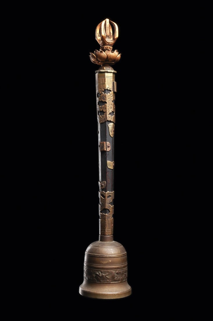 Elaborate Drilbu Ceremonial Meditation Bell: Nepal or Tibet, ca. 18th–19th century. Highly decorated Drilbu ceremonial meditation bell, having a gilded dorje finial in the center of an open lotus flower, having beautifully detailed petals.